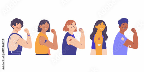 Diverse group of people showing their vaccination band aids and flexing their muscles in a celebration of health and immunity