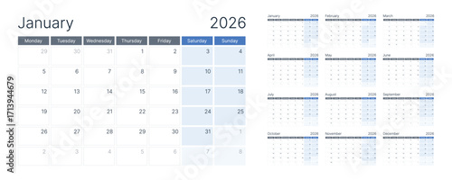 2026 Modern Calendar Planner Set of Template Monthly Page.
Clean and Minimalist Style, Week Starts on Monday. For wall, Desk, or Digital planners and corporate Branding. Page for size A4