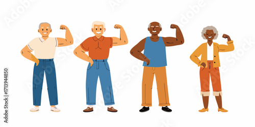 Diverse group of smiling elderly men and women flexing their muscles and showing strength