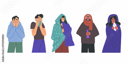 Diverse group of people showing symptoms of illness or cold weather discomfort