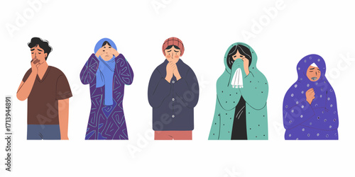 Diverse group of people experiencing illness and discomfort with symptoms like coughing sneezing and shivering