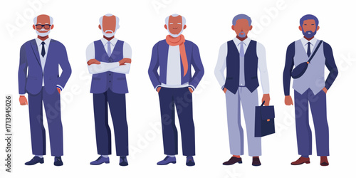 Diverse group of five stylish elderly men in suits and professional attire standing together