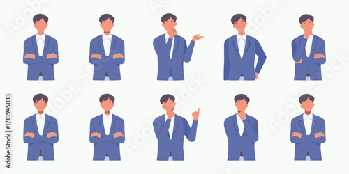 Collection of business man poses showing different emotions and thinking gestures