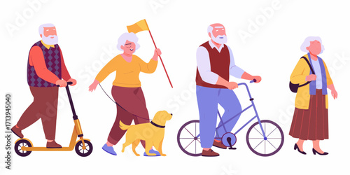 Active senior citizens enjoying outdoor activities like riding scooters walking dogs cycling and strolling