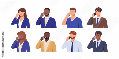 Diverse group of business professionals and individuals communicating on mobile phones in a modern flat illustration style