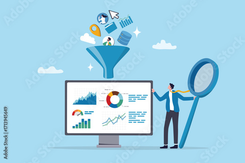 Data quality to process to insight, research or market analysis, verification or validation process on survey data information, businessman validate data to process graph chart diagram on computer.
