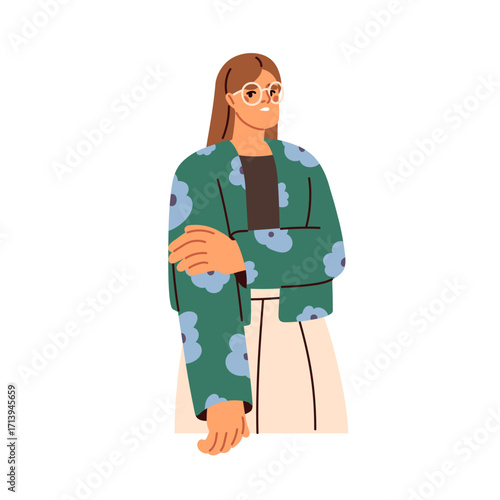 Shy embarrassed woman in awkward nervous uncomfortable pose. Modest timid female feeling anxious, closed expression, introvert, shame emotion. Flat vector illustration isolated on white background