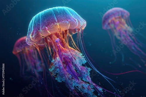 Vibrant Jellyfish Bloom in Underwater Aquarium.