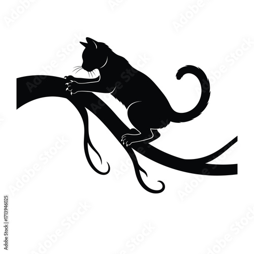 Black Cat on Branch: A sleek, black silhouette of a curious cat perches gracefully on a tree branch. With an elegant, minimalist design, this artwork captures the cat's playful nature.