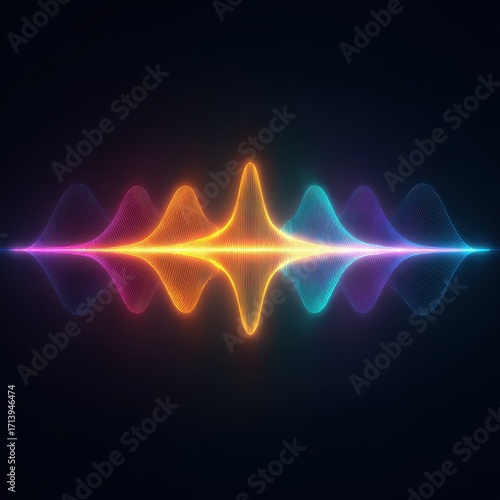 Vibrant Neon Sound Wave Visualization on Black Background, Digital Art, Energy Flow.