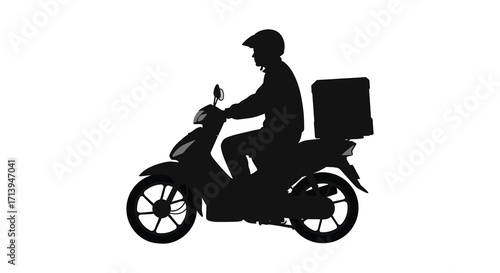 Delivery rider on a motorcycle silhouette against a plain white background