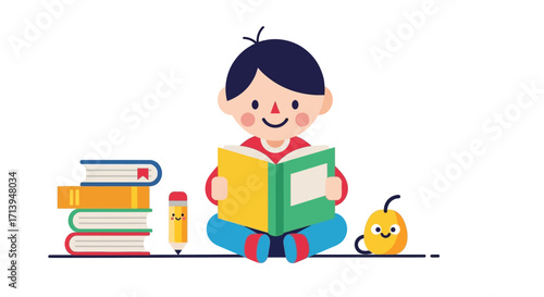 A cute cartoon boy happily reading a book with a stack of books, a pencil, and a pear on a white background.