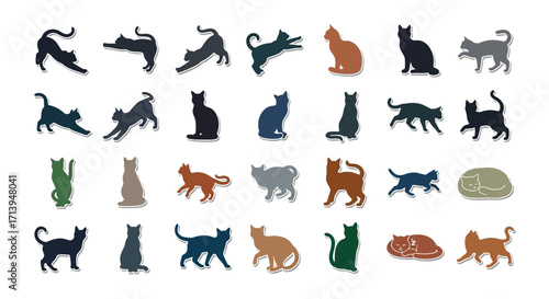 A collection of cat silhouettes in various poses, showcasing different breeds and actions.