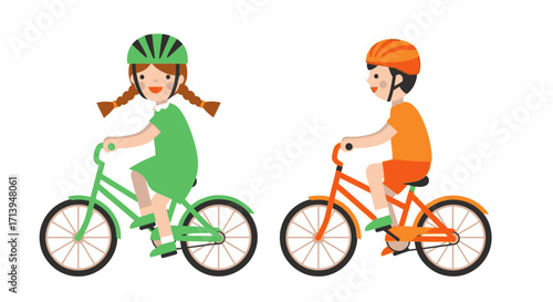 Girl and boy riding bicycles, wearing helmets.