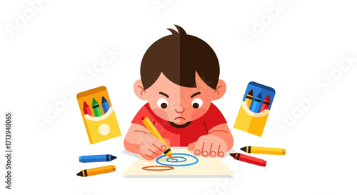 A focused young boy in a red shirt diligently draws with a yellow crayon, surrounded by colorful art supplies.