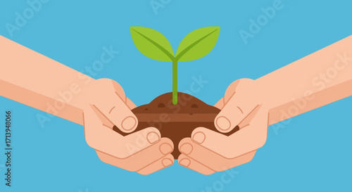 Two hands gently holding a small plant seedling growing from a mound of soil.