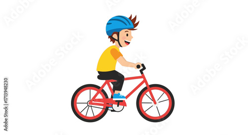 A happy cartoon boy wearing a blue helmet while riding his red bicycle on a white background.