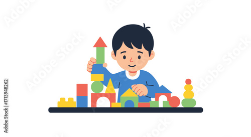 A young boy happily playing with colorful building blocks, constructing a tower and various shapes.