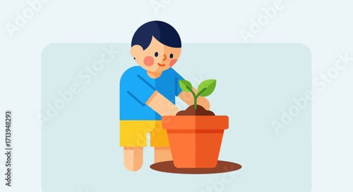 A young boy tenderly plants a seedling in a terracotta pot.