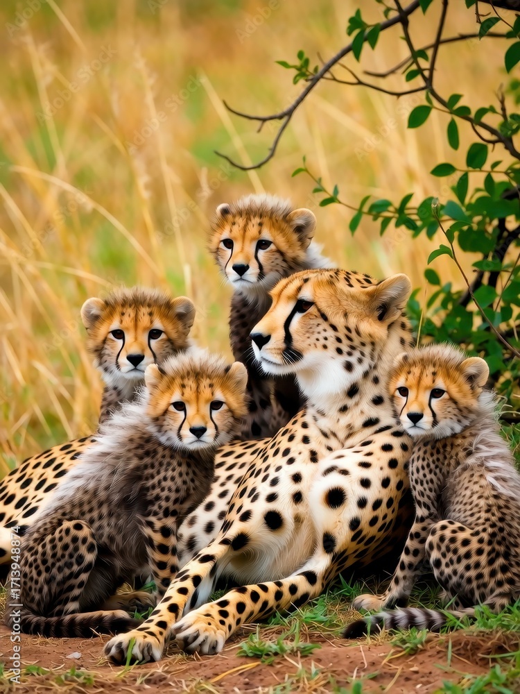 Obraz premium Cheetah family playing in nature african savannah wildlife photography warm environment close-up view family dynamics