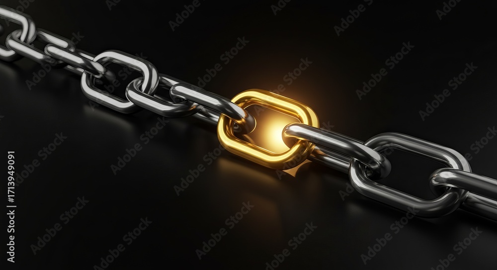 Obraz premium A close-up of a metallic chain with one golden link, symbolizing uniqueness.