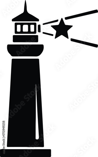 Vector Coastal lighthouse emits star light beam silhouette illustrator