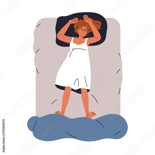 Sleeping woman lying in bed, hot summer night. Girl in nightgown, asleep alone. Female dreaming on back, relaxing on pillow, above top view. Flat vector illustration isolated on white background