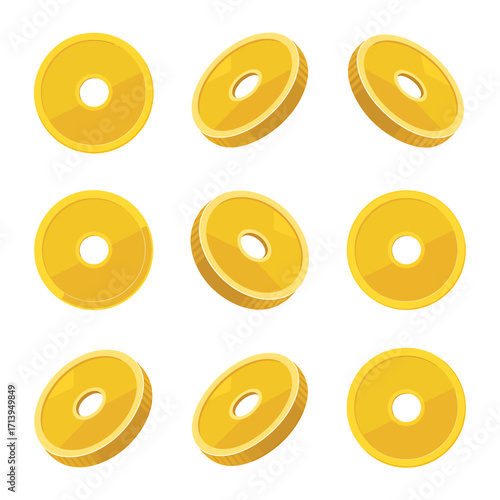 Isometric golden coins with hole stack isolated on white background currency and finance themed design element wealth and economy representation