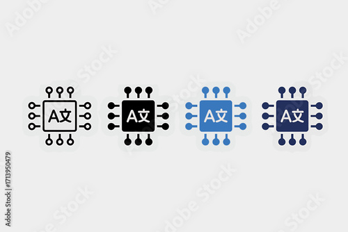 Artificial intelligence processing unit with chinese characters representing language capabilities in multiple color variations isolated on a plain background
