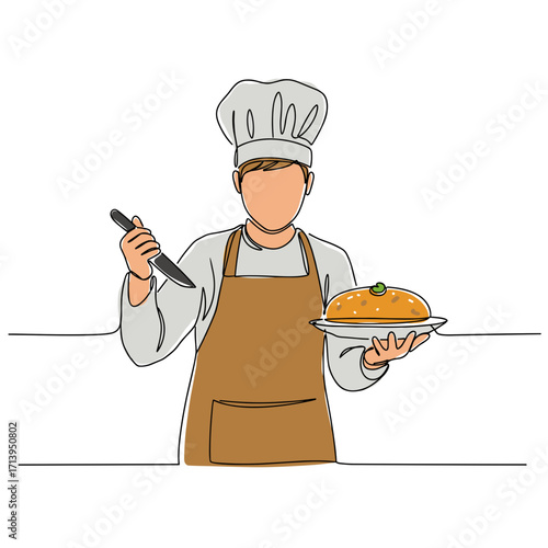 Chef holding a plate of food with knife in hand