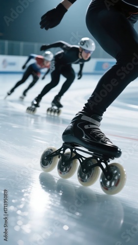 Close-up of inline speed skating race showing fast skates gliding on ice rink