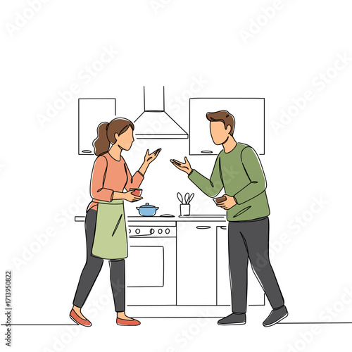 Couple arguing in the kitchen while preparing a meal  