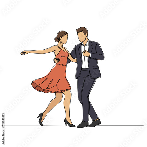 Couple dancing elegantly in formal attire on white background  