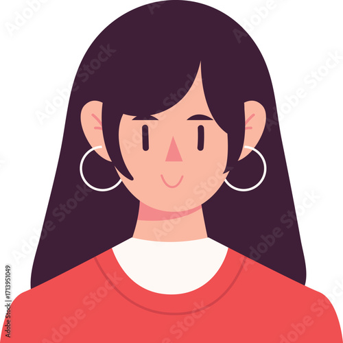 Vibrant flat design illustration of a smiling young woman with long dark hair and white hoop earrings.