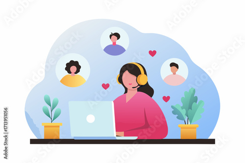 Customer service representative wearing headset and working on laptop connecting with clients and customers online