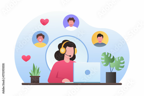 Customer service representative wearing headset and interacting with clients through online communication and support
