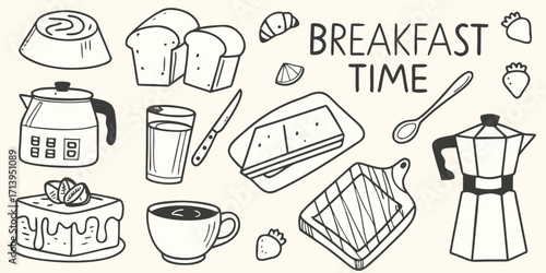 Hand drawn sketchy breakfast food and drink items with the words breakfast time