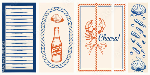 Nautical themed illustrations featuring a bottle of wine lobster seashells and rope borders with a cheers message