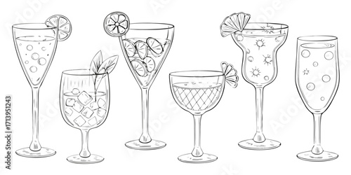 Collection of hand drawn cocktail glasses with fruits and ice cubes for refreshing drinks