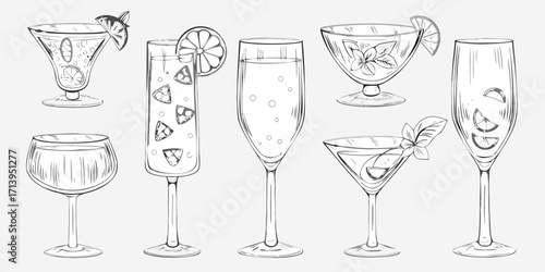 Collection of hand drawn cocktail glasses with garnishes and bubbles