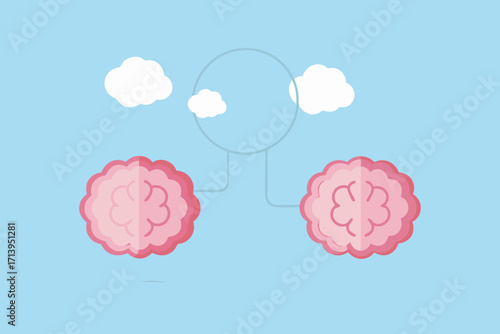 Two stylized pink brains connected by lines to a central circle with clouds in the background