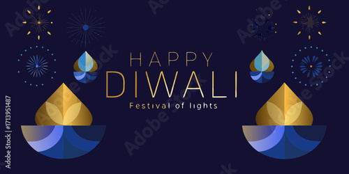 Happy diwali festival of lights with decorative fireworks and oil lamps on a dark blue background