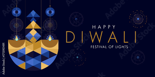 Happy diwali festival of lights with geometric diya and fireworks illustration on dark blue background
