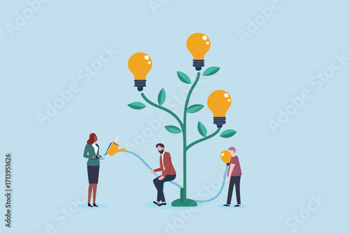 Teamwork and collaboration nurturing a growing tree of bright ideas and innovation