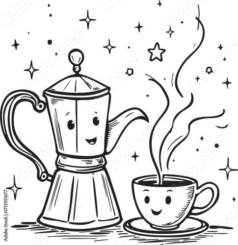 Whimsical black and white vector of smiling coffee pot and cup with steam swirls and sparkles in cartoon-style illustration
