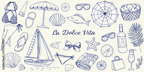 Hand drawn collection of summer beach vacation items and la dolce vita text