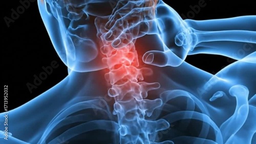Medical 3d rendering of a painful neck injury with red inflammation highlighting the cervical vertebrae of the human spine a concept for skeletal orthopedic healthcare issues
