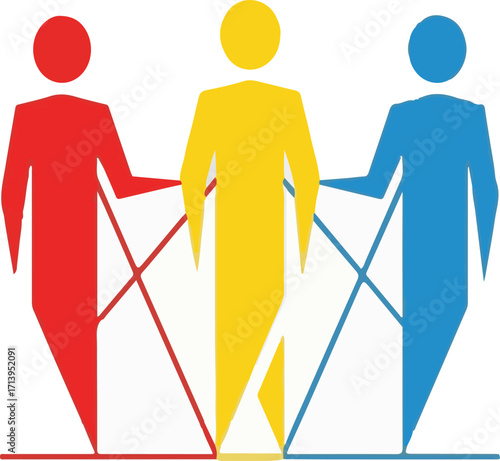 Teamwork Illustration of Red, Yellow, and Blue Figures Connected by Lines