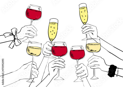 手描き線画　大勢で乾杯するイラストCheers in Line Art Series:Hand-drawn Line Art Illustration of Many People Toasting
