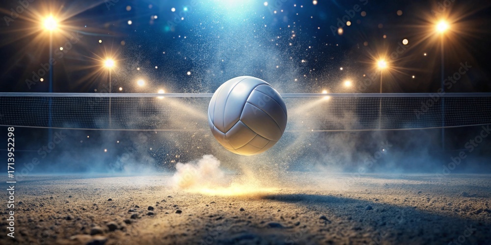 Fototapeta premium Dynamic Volleyball Action at Night A Ball in Motion, Dust and Light Exploding in an Indoor Court